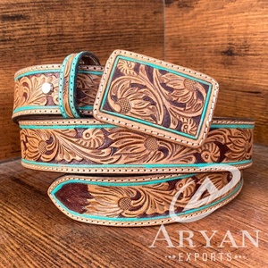 Nuevo Cinturón Occidental de Cuero Personalizado Hecho a Mano con Hebilla de Cuero y Ribete Turquesa, Cinturón de Cuero Genuino de Grano Completo para Mujer - Product Image 1