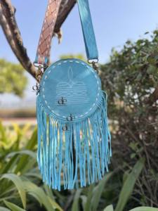 Sac à main rond à franges en cuir suédé Style occidental Boot Stich New Designer Offre Spéciale turquoise colour Bohemian Women Handbag - Product Image 5