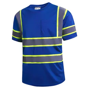 Chemise de travail de construction classe 2 pour hommes/femmes réfléchissant Dry Fit haute visibilité à manches courtes bleu chemises de sécurité haute visibilité