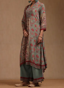 Vêtements traditionnels indiens et pakistanais rose Beige Floral ethnique imprimé viscose soie femmes Kurta robe avec Dupatta coupe régulière - Product Image 6