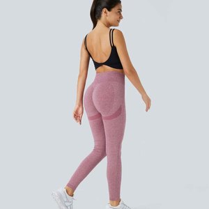 New Wholesale High Waisted Women's Solid Color Yoga <b>Leggings</b> Full Length Seamless Elastic Waist Sport Pants <b>Pink</b> - Product Image 4