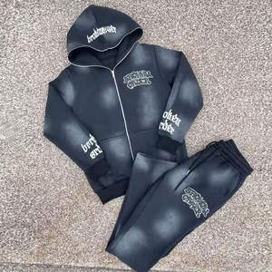 Conjunto Deportivo Unisex Personalizado de Invierno, Estilo Streetwear, Lavado Ácido, Pantalones Largos con Capucha y Corte Acampanado, Estilo Vintage Desgastado - Product Image 1