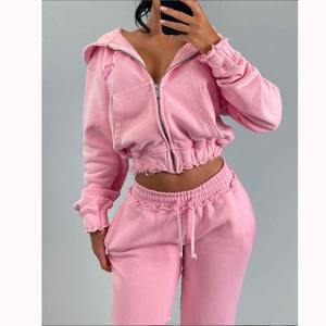 OEM Service 2025 Custom Pink Distressed Zip <b>Hoodie</b> Women Tracksuits Workout Joggers Sets Women Two Piece Pants Set For Sale - Product Image 1