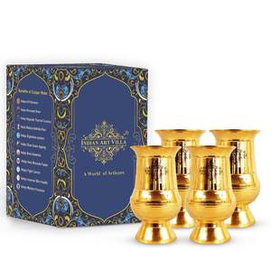 Vaso de Vidrio Curvo Hecho a Mano por IndianArtVilla, 250 ml, Latón Puro con Revestimiento Vertical Dorado, Estilo de Diseño Oriental para Regalos - Product Image 6