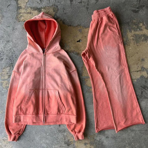 Premium Quality Winter Wear Sun Faded Flare Sweatpants Acid Washed Hoodie Blank Acid Wash Tracksuit Set - Product Image 1