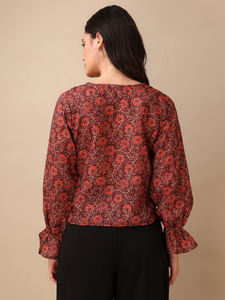 Haut décontracté à manches bouffantes imprimé en coton mélangé marron pour femme - Product Image 3