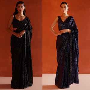 Nouveau designer ethnique complet sari de fausse georgette avec pallu floral lourd pour mariage porter des bandanas en soie inclus - Product Image 3