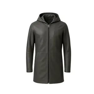 Manteau en cuir noir à capuche avec fermeture éclair - Product Image 1