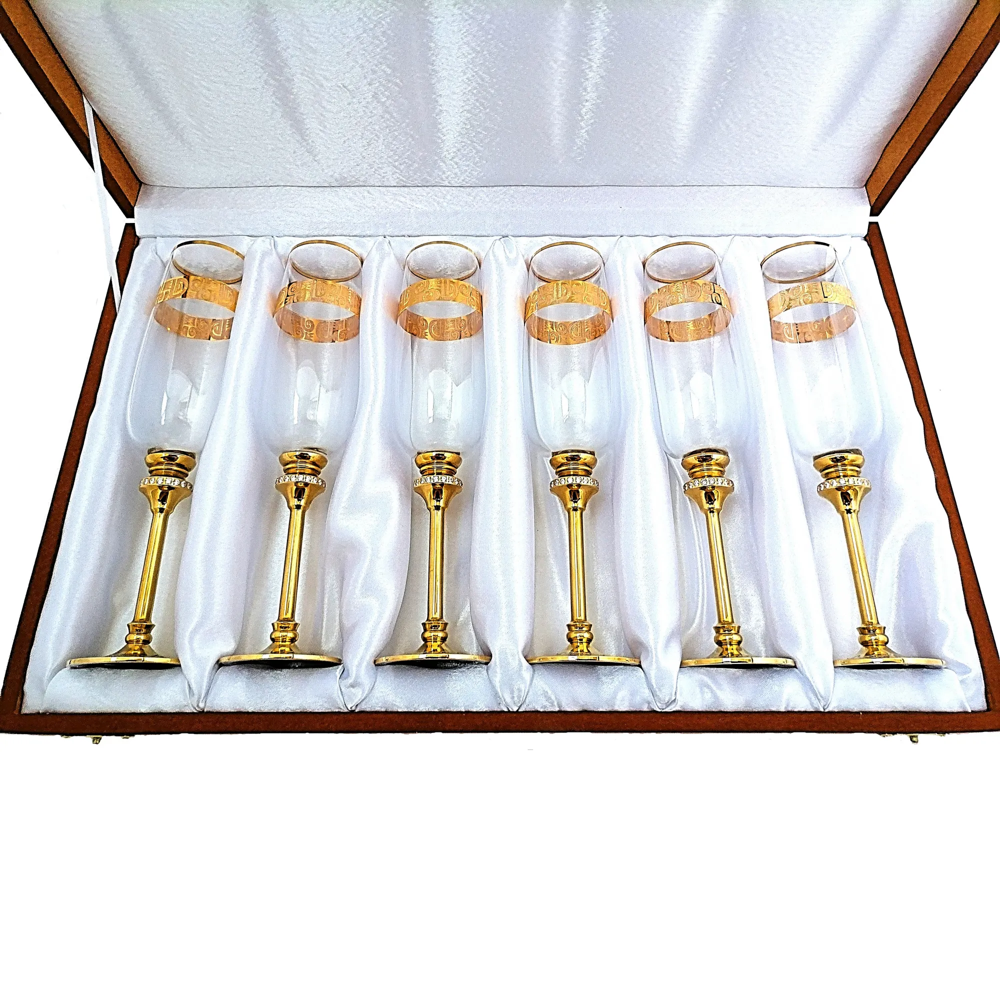 Juego de regalo de flautas de champán chapadas en oro, juego de alcohol elegante de lujo de alta calidad con 2 copas y cubo de champán