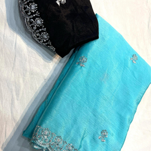 Tela Chinnon Multi bordado Trabajo Saree Con Contrato bordado Trabajo Blusa - Product Image 1