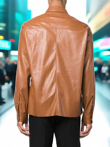 Chemise en cuir décontractée hommes Street Style à manches longues Letterman chemises en cuir hommes bouton couvert à manches longues chemise en cuir marron - Product Image 2