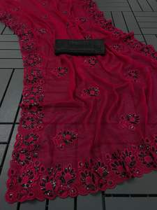 Sari de gasa de diseñador para mujer con lentejuelas bordadas, corte de trabajo, estilo pakistaní, ropa de boda y fiesta - Product Image 4