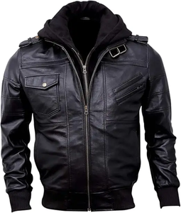 Chaquetas de cuero de bombardero con capucha negra auténtica para hombre de alta calidad Cuello alto elegante y diseños personalizados con capucha extraíble - Product Image 4