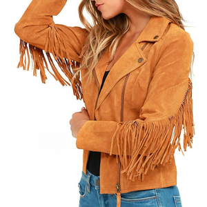 Chaquetas de lona transpirables de manga larga con flecos de cuero de piel de oveja para mujer con tamaños personalizables - Product Image 3