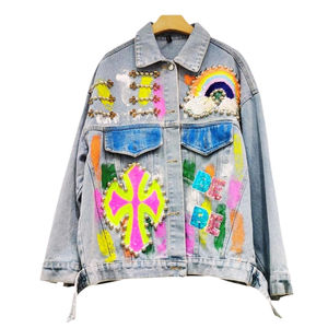 Veste en jean ample imprimée, streetwear décontracté, vêtement d'extérieur, manches longues, légère, veste en jean bleu - Product Image 1