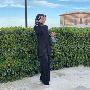 <span class=keywords><strong>Ensemble</strong></span> <span class=keywords><strong>pantalon</strong></span> et haut plissé décontracté <span class=keywords><strong>de</strong></span> style ethnique musulman <span class=keywords><strong>pour</strong></span> femmes arabes musulmanes, col rond uni, manches longues - Product Image 2