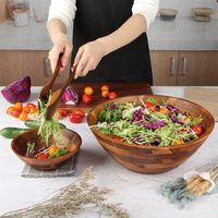 Ensaladera de madera de acacia de alta calidad con servidores tallados a mano estilo americano al por mayor buen precio de la fábrica de Vietnam