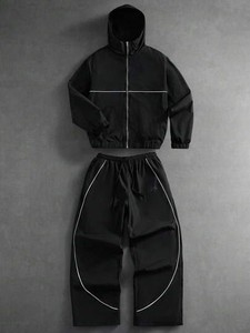 Men's Gray Full Zip Breathable Vintage Solid Tracksuit <b>Set</b> <b>Knitted</b> Polyester Casual Jogger Pants Hooded Collar Jacket Autumn - Product Image 4