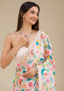 Sari digital con estampado floral con bordado y lentejuelas, ropa tradicional india exquisita - Product Image 2