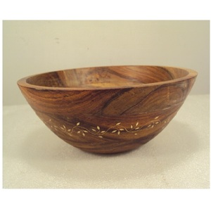 Acacia Wooden Bowl Leaf Carved Design Natural Finished Wood Salad Serving Bowl <b>Dinnerware</b> - Product Image 1