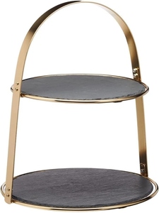 Support à gâteau en pierre d'ardoise à 2 niveaux en métal et marbre avec poignée en arche en métal doré, plateau de service moderne pour la présentation de pâtisseries et de cupcakes - Product Image 5