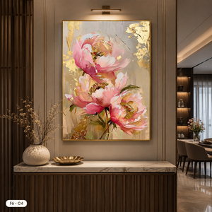 Impression sur toile florale à l'huile faite à la main, modèle F6-C4, avec accents dorés, encadrée, marque HALO, directement de l'usine du Vietnam - Product Image 2