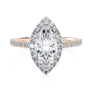 Anillo de Compromiso con Halo de Diamantes Cultivados en Laboratorio, Corte Marquesa, 2.15 CTW, Banda Pavé, Oro de 14K con Baño de Rodio, Regalo de Boda, Lujoso y Elegante - Product Image 1