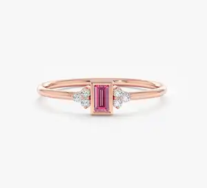 2023 럭셔리 디자인 핑크 전기석 14k 솔리드 로즈 골드 반지 골동품 미니멀리스트 웨딩 약혼 여성을위한 진짜 다이아몬드 반지