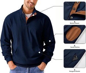 Sweat-shirt en velours côtelé décontracté à manches longues pour homme avec poches à col montant et boutons-Motif solide délavé pour l'automne - Product Image 3