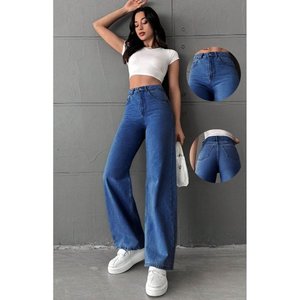 Jeans de mezclilla azul piedra de cintura alta para mujer, de pierna ancha, holgados, de ajuste relajado, suaves, elásticos, duraderos, casuales, tallas 26-40 - Product Image 6