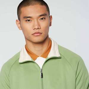 Ensemble de survêtement vert clair pour homme, veste zippée avec bande blanche et pantalon assorti, polyester, tenue décontractée athlétique en deux pièces - Product Image 3