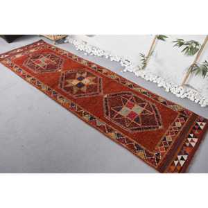 Turkish Vintage Rug, 2.8x9.6 ft Herki Rug, <b>Red</b> Blue Check <b>Wool</b> Rug - Product Image 4