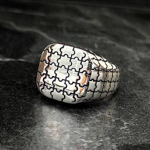 Bague puzzle pour homme en argent sterling 925, argent brillant 10k, design mixte en forme de pièces de puzzle, cadeau - Product Image 1