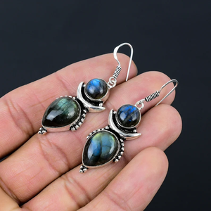 Pendientes de piedras preciosas de labradorita de media luna, gancho de Plata de Ley 925, pendientes de plata colgantes hechos a mano, precio al por mayor - Product Image 3