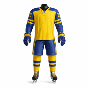 Tenue de hockey sur glace personnalisée jaune et bleue, ensemble maillot et short sublimés, vêtements d'équipe pour adultes, fabricant OEM ODM - Product Image 1
