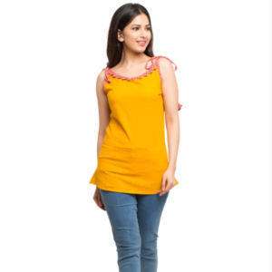 Ensemble long 2 pièces en coton slub uni imprimé de qualité supérieure pour femmes/filles, confortable, couleur jaune, manches trois quarts, col rond - Product Image 1