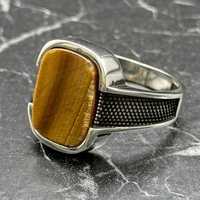 Bague Chevalière Minimaliste Géométrique en Argent Sterling avec Pierre Naturelle Œil de Tigre Marron pour Homme, Cadeau d'Anniversaire IGI