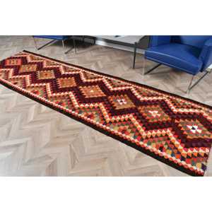 Kilim Rug, 3.2x11.3 ft Vintage Rug, <b>Red</b> Ikat Rug <b>Wool</b> - Product Image 5