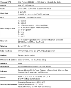 X86 <span class=keywords><strong>Pentium</strong></span> คอมพิวเตอร์8505 DC 9-24V ลินุกซ์อูบุนตูแบบ Dual LAN 2อีเธอร์เน็ตขนาดเล็กคอมพิวเตอร์คอมพิวเตอร์ไม่มีพัดลม - Product Image 6