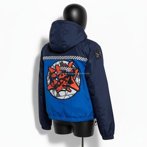 Chaqueta cortavientos para mujer, poliéster, azul real, paneles naranjas, logotipo personalizado bordado, chaqueta cortavientos de transferencia de calor para mujer - Product Image 5