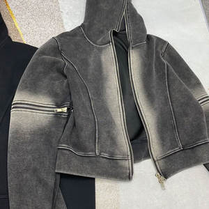 Diseñador personalizado lavado ácido Zip-Up Sudadera con capucha recortada desgastada peso pesado poliéster/algodón transpirable Digital impreso hombres mujeres - Product Image 5