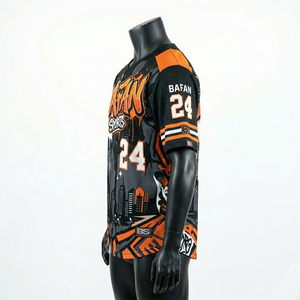 T-shirt 100% coton pour homme, coupe ample, imprimé, respirant, jersey de baseball premium, panneaux noirs et oranges sur les épaules, logo personnalisé - Product Image 4