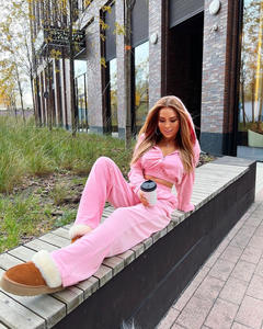 Chándal de dos piezas de algodón 100% para mujer, sudadera con cremallera y pantalones de cintura elástica, traje informal grueso con bolsillos - Product Image 3