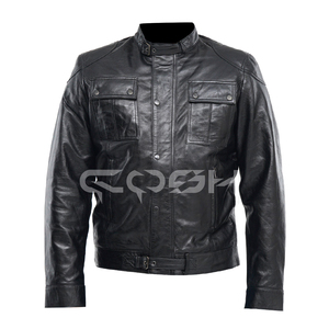 Fabricant et fournisseur de blousons en cuir noir robustes pour motards avec boucle de réglage à la ceinture et plusieurs poches - Product Image 1