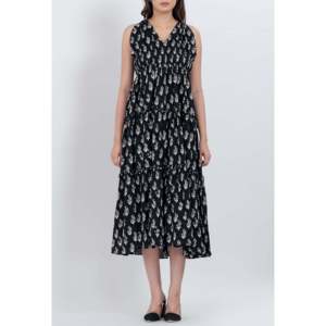 Vestido Midi Negro Floral con Cuello en V sin Mangas para Mujer, de Algodón Elástico, Corte Imperio, Transpirable, Estilo Fiesta para Club Nocturno - Product Image 6