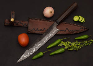 Cuchillo Bowie OEM personalizable de alta calidad al por mayor con hoja de mosaico de Damasco mamut hielo y dientes blancos mango de madera para caza - Product Image 4
