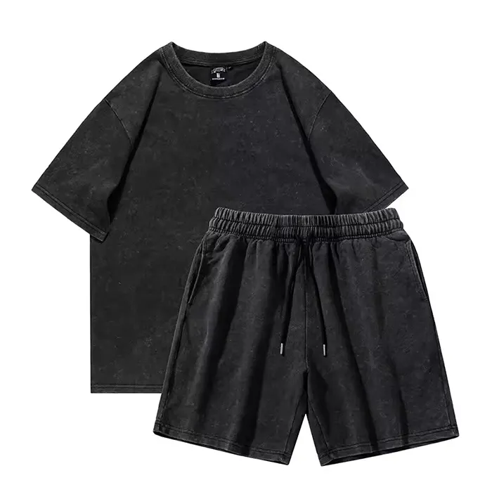 Conjunto de duas peças de roupa masculina de verão com logotipo personalizado, shorts e camiseta de lavagem com ácido, 2 peças, para roupas masculinas