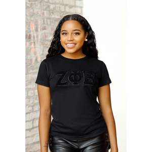 Solide Zeta Phi Beta Chenille Tee Bleu avec Lettres Grecques Brodées Sororité Vêtements Coton Collégiale Femmes Mode Chemise - Product Image 4