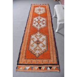 3x10.2 ft Turkish <b>Runner</b> <b>Rug</b>, Orange White Vintage Ombr Wool <b>Rug</b> - Product Image 1