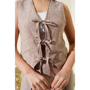 Conjunto de 2 Piezas de Mink, Top con Tirantes Cruzados en la Espalda y Pantalones Cortos Ajustados con Cinturón, Ropa de Punto Marrón para Verano y Otoño - Product Image 4